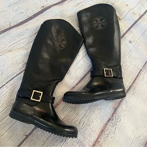 Tory Burch Rubber & Leather Tall Logo Boots Sz 6M *damaged zipper*